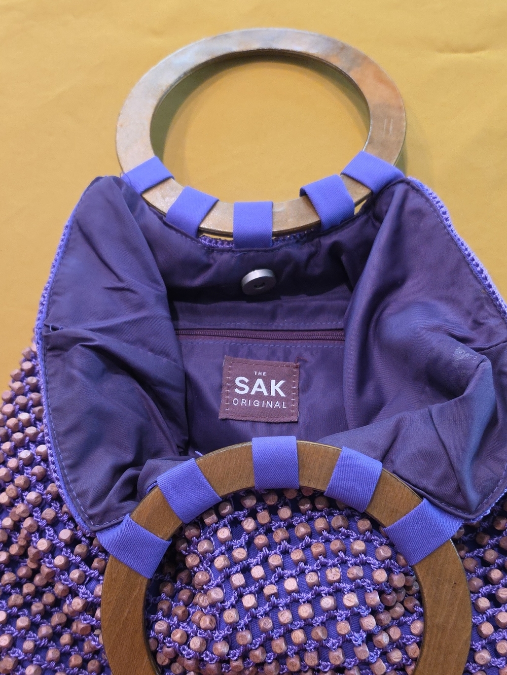 Vintage The Sak Original ▪︎ Boho Purple Crochet Beaded Bag ▪︎ Wood Handles